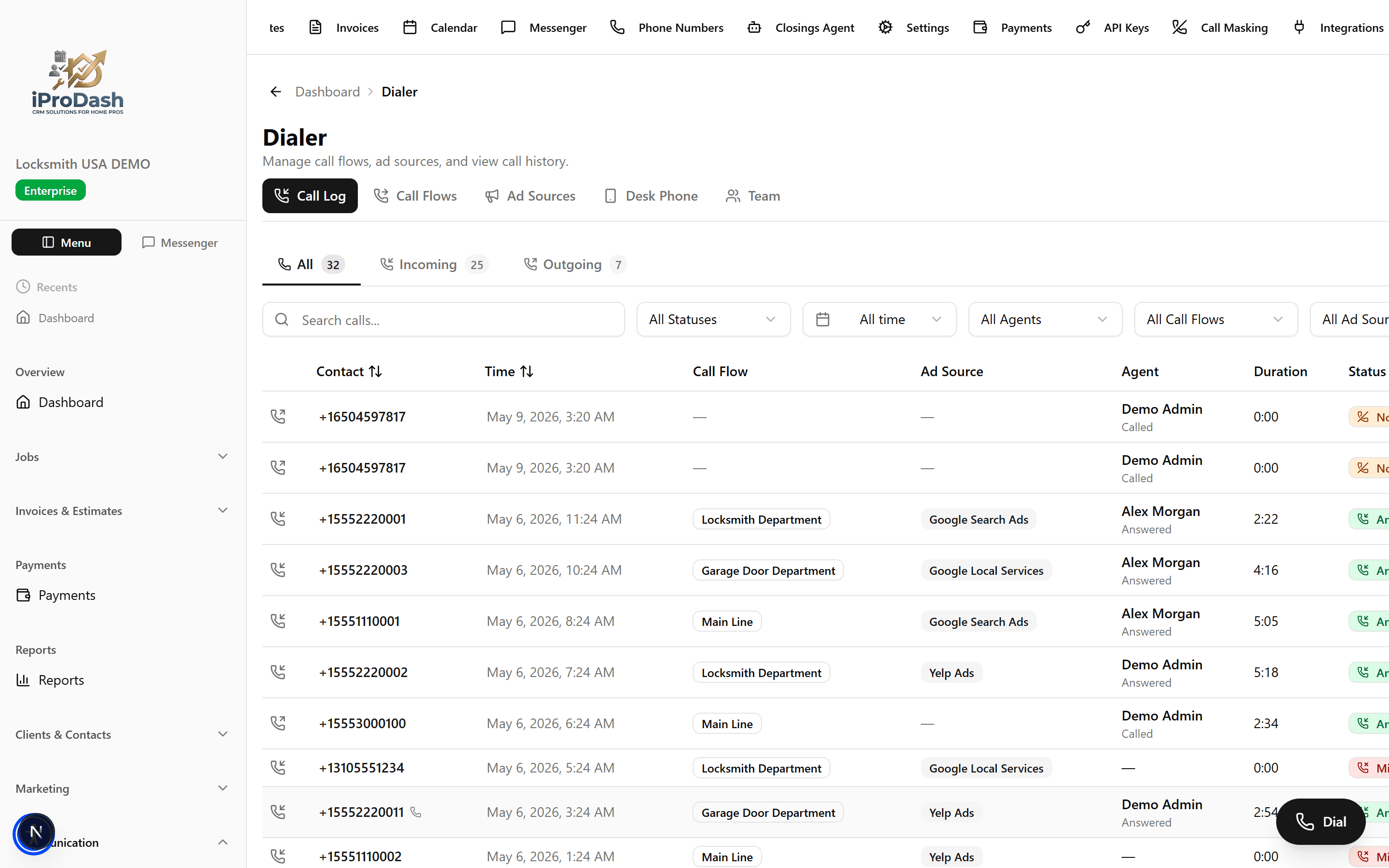 iProDash Call Log screenshot